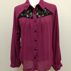 Love Stitch Semi Sheer Lace Shirt Blouse SZ M